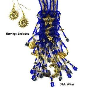 Moon Stars Celestial Necklace Earrings Set Cobalt Blue Gold Beadwork